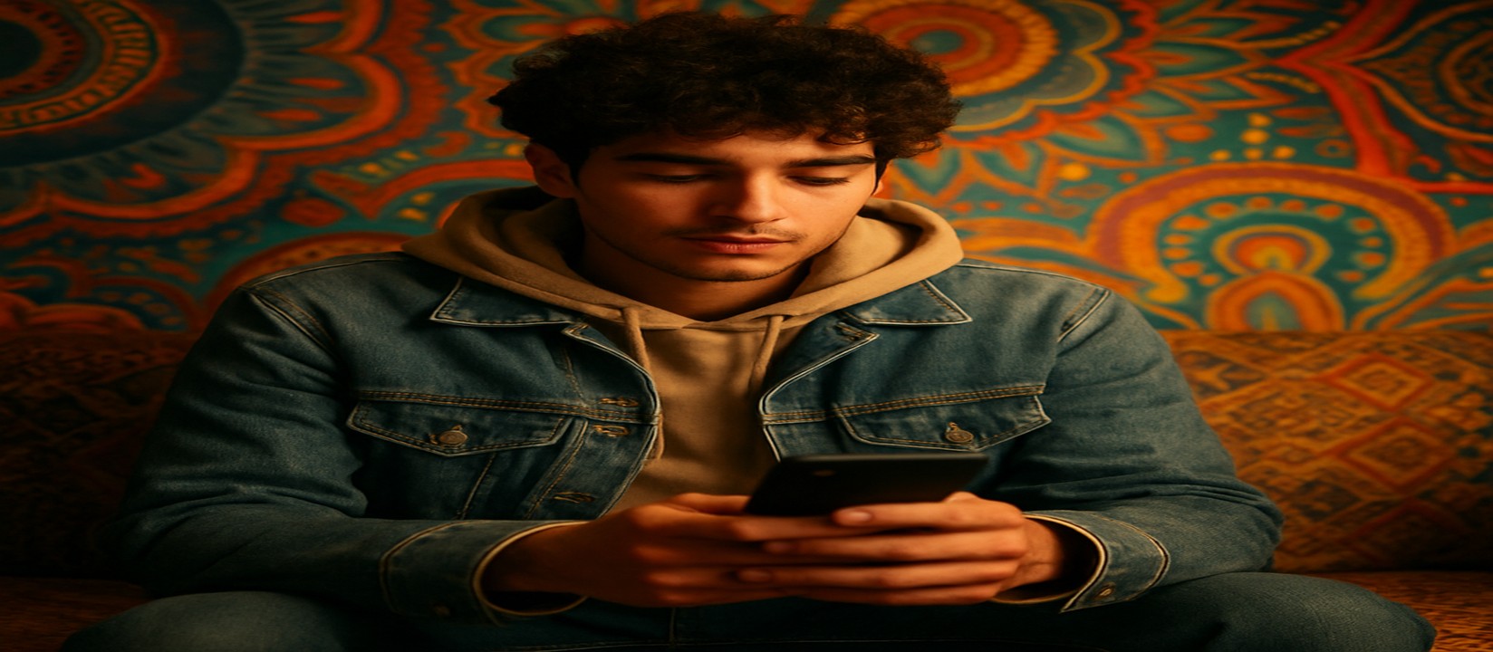 সোফায় আরাম করে বসে একজন ব্যক্তি স্মার্টফোনে abc77 অ্যাপ ব্যবহার করছেন