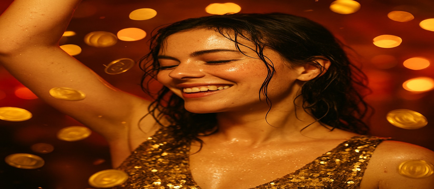 abc77-এ এভিয়েটর গেমে জয়ের আনন্দে উল্লাসিত এক নারী, চারপাশে উড়ছে স্বর্ণমুদ্রা