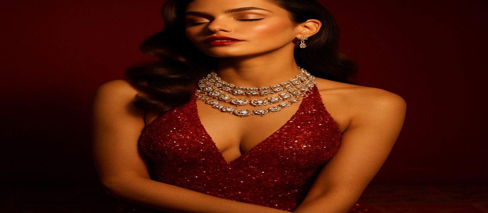 abc77 গেমিং প্ল্যাটফর্মের টেবিলে লাল পোশাকে সজ্জিত একজন নারী হোস্ট