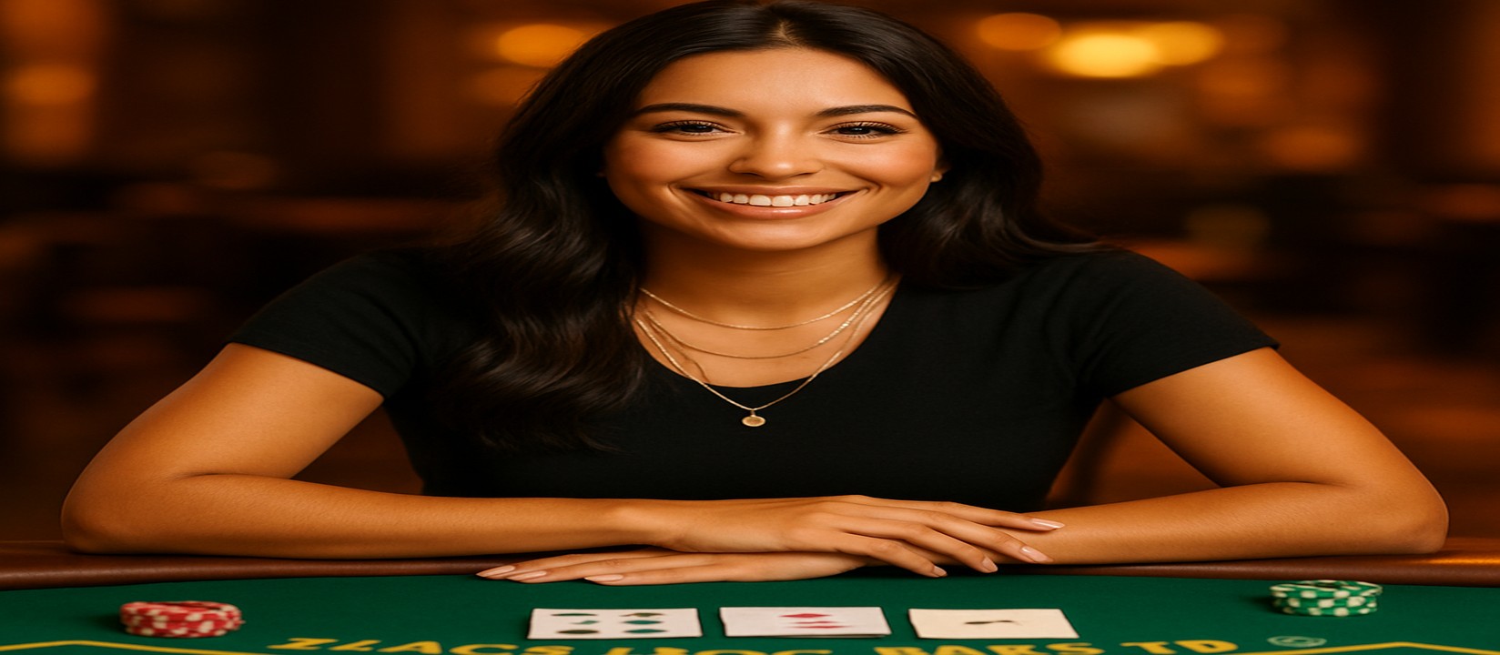 abc77-এ একটি গেমিং প্ল্যাটফর্মে হাসিখুশি একটি নারী কার্ড টেবিলে বসে সামনে টোকেন ও কার্ড রাখেন এবং বিস্তৃত ধরনের গেমের নির্বাচন প্রস্তাব করেন