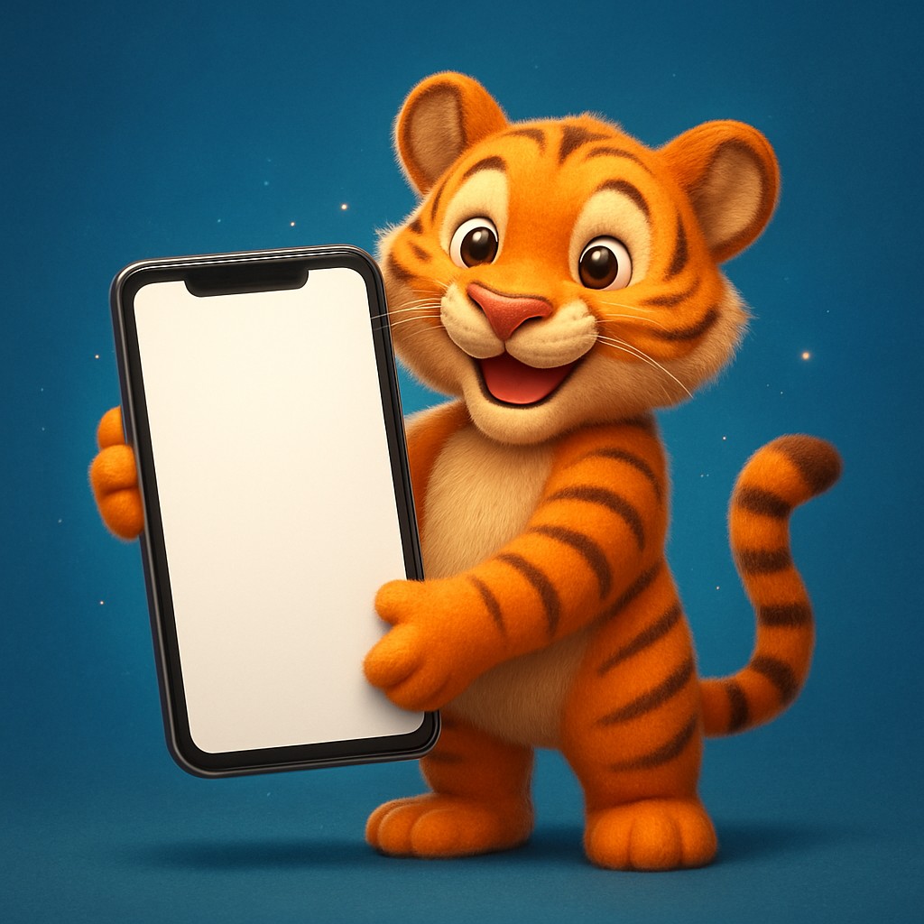 স্মার্টফোনে abc77 অ্যাপটি ব্যবহার করছে এমন একটি কার্টুন বাঘশাবক