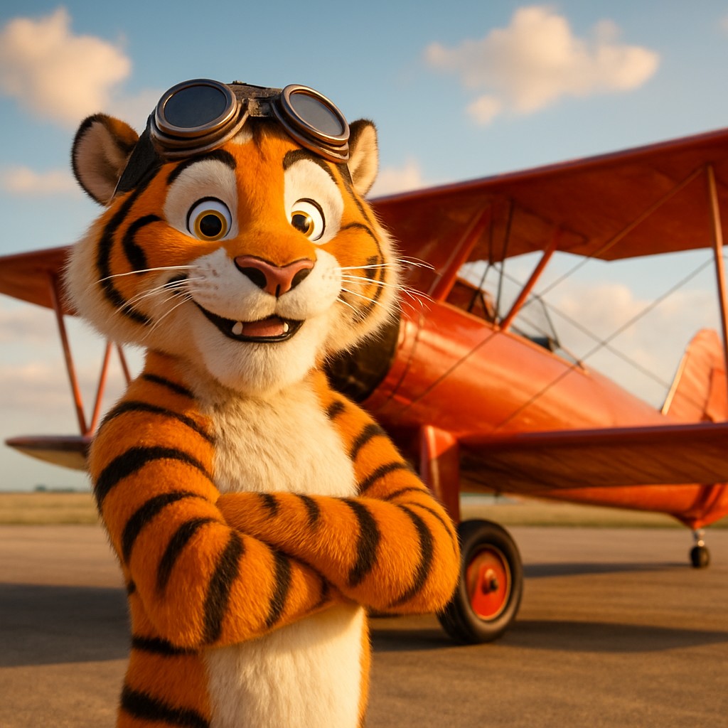 এভিয়েটর গেমটির প্রতীকেরূপে লাল বিমানের পাশে দাঁড়িয়ে থাকা টাইগার পাইলট