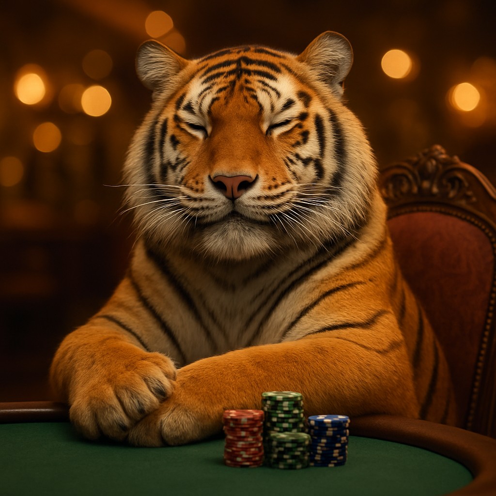 abc77 গেমিং প্ল্যাটফর্মে টেবিলে চিপস হাতে নিয়ে হাসিখুশি একটি টাইগার শাবক