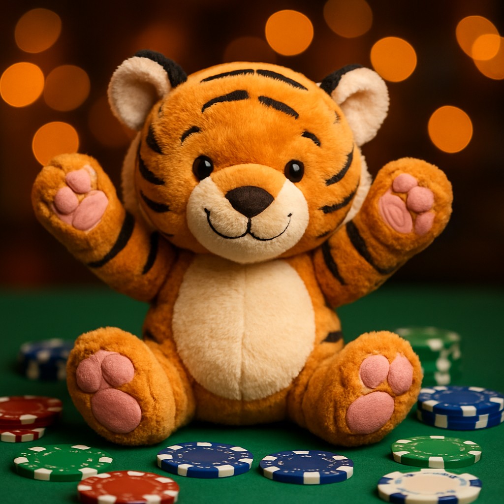 একটি ছোট বাঘ শাবক একটি টেবিলে গেম টোকেনসহ বসে আছে।