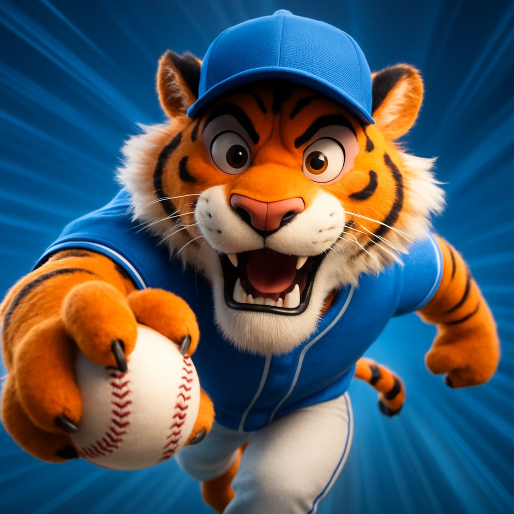 abc77 ক্রিকেট গেমিংয়ের প্রতীক হিসেবে ইউনিফর্ম পরা ও হাতে বল ধারণ করা একটি আনন্দিত টাইগার শাবক