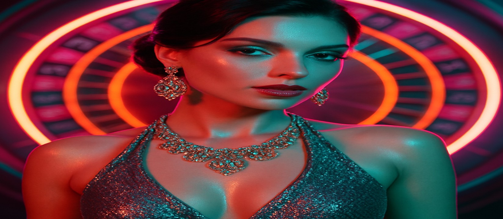 চাকার সামনে উজ্জ্বল পোশাকে একটি নারীসহ রঙিন গেমিং প্ল্যাটফর্ম